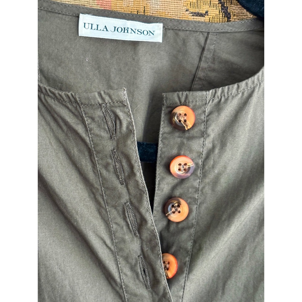 Ulla Johnson Olive Green Cotton Poplin Button Front Pleated Midi Dress Pockets 0 - Picture 7 of 8